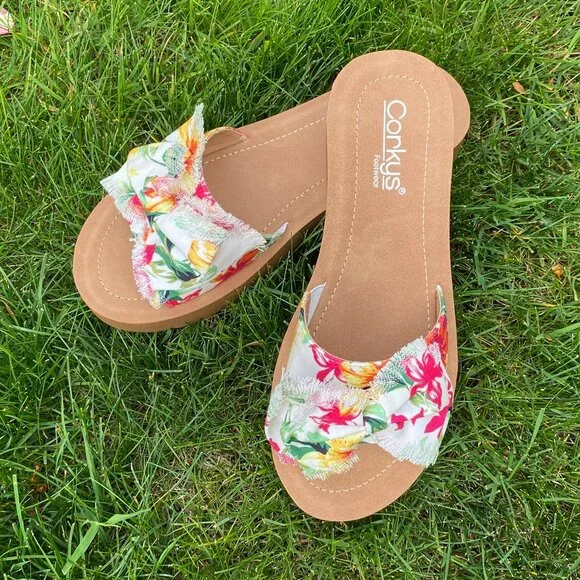 Corkys Spray Tan Sandals in White Floral Canvas - Picture 3 of 6